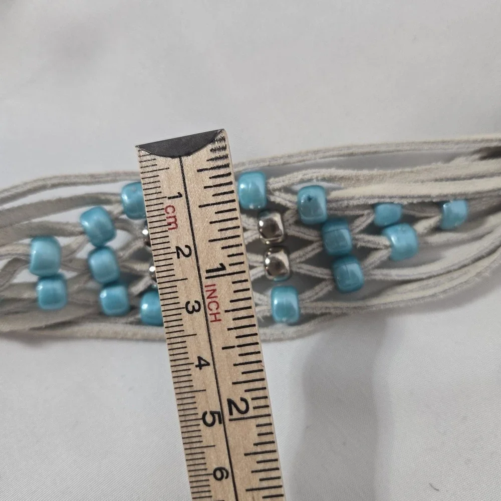 Southwestern Suede Tie Belt Turquoise Color Bead Silver Tone Concho Fringe Boho